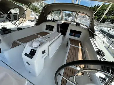 Cockpit of Bobo, a Jeanneau Sun Odyssey 410 sailboat at Dubrovnik, Croatia