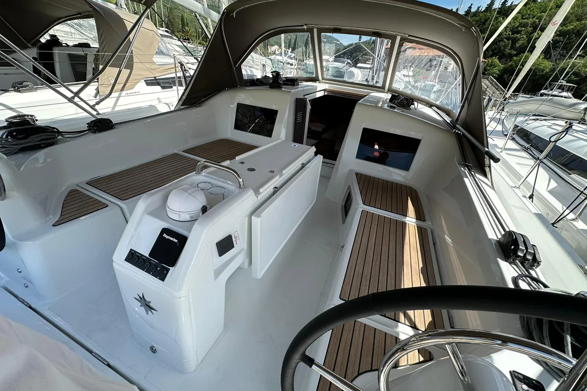 Cockpit of Bobo, a Jeanneau Sun Odyssey 410 sailboat at Dubrovnik, Croatia