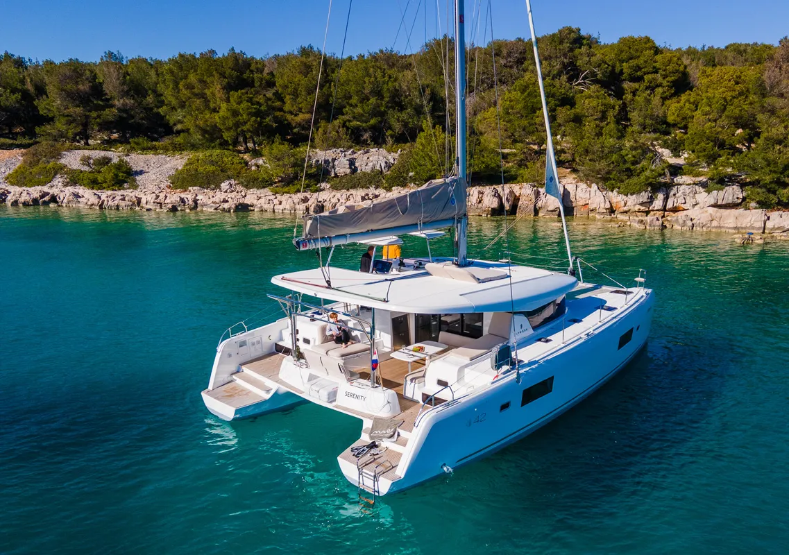 Exterior view of Serenity, a Lagoon 42 catamaran at Grad Šibenik, Croatia