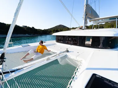 Deck of Serenity, a Lagoon 42 catamaran at Grad Šibenik, Croatia