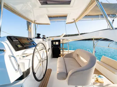 Cockpit of Serenity, a Lagoon 42 catamaran at Grad Šibenik, Croatia