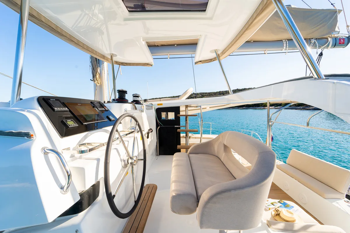 Cockpit of Serenity, a Lagoon 42 catamaran at Grad Šibenik, Croatia