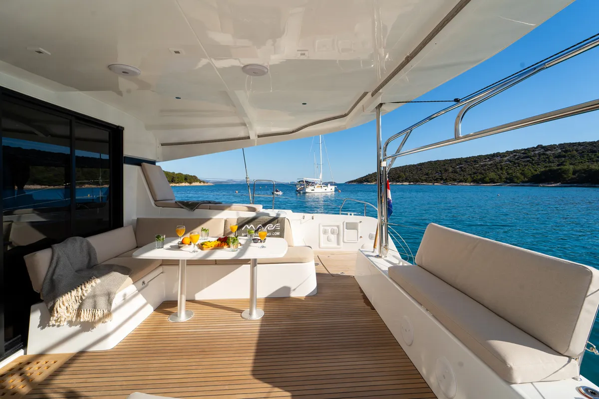 Deck of Serenity, a Lagoon 42 catamaran at Grad Šibenik, Croatia