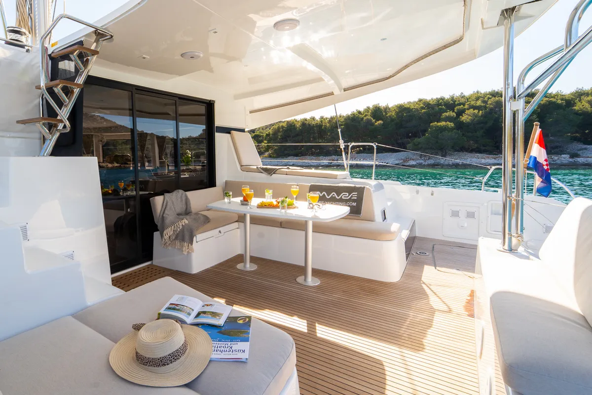 Deck of Serenity, a Lagoon 42 catamaran at Grad Šibenik, Croatia