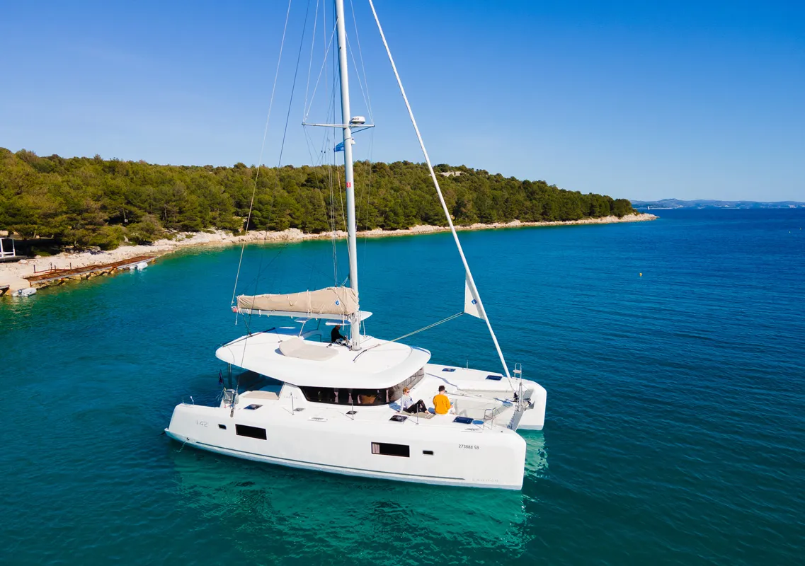 Exterior view of Serenity, a Lagoon 42 catamaran at Grad Šibenik, Croatia