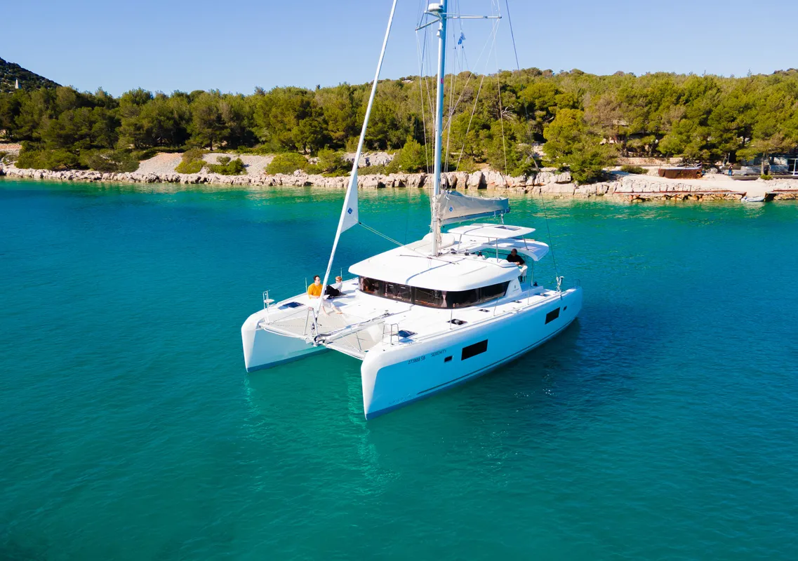 Exterior view of Serenity, a Lagoon 42 catamaran at Grad Šibenik, Croatia