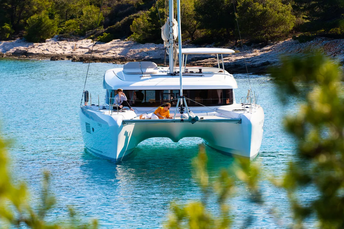 Exterior view of Serenity, a Lagoon 42 catamaran at Grad Šibenik, Croatia
