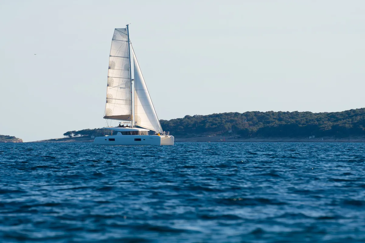 Exterior view of Serenity, a Lagoon 42 catamaran at Grad Šibenik, Croatia