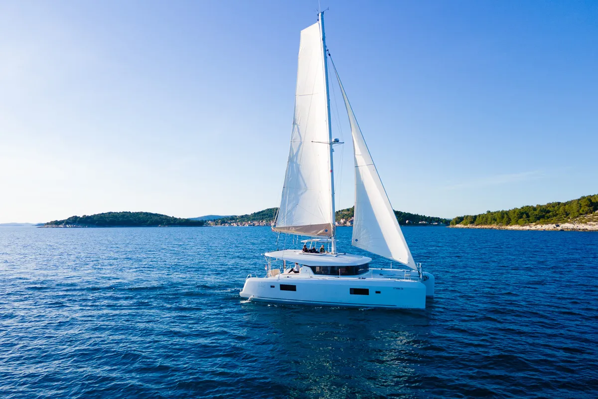 Exterior view of Serenity, a Lagoon 42 catamaran at Grad Šibenik, Croatia