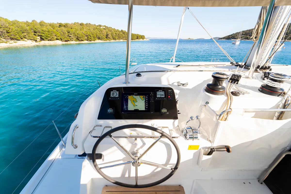 Cockpit of Serenity, a Lagoon 42 catamaran at Grad Šibenik, Croatia