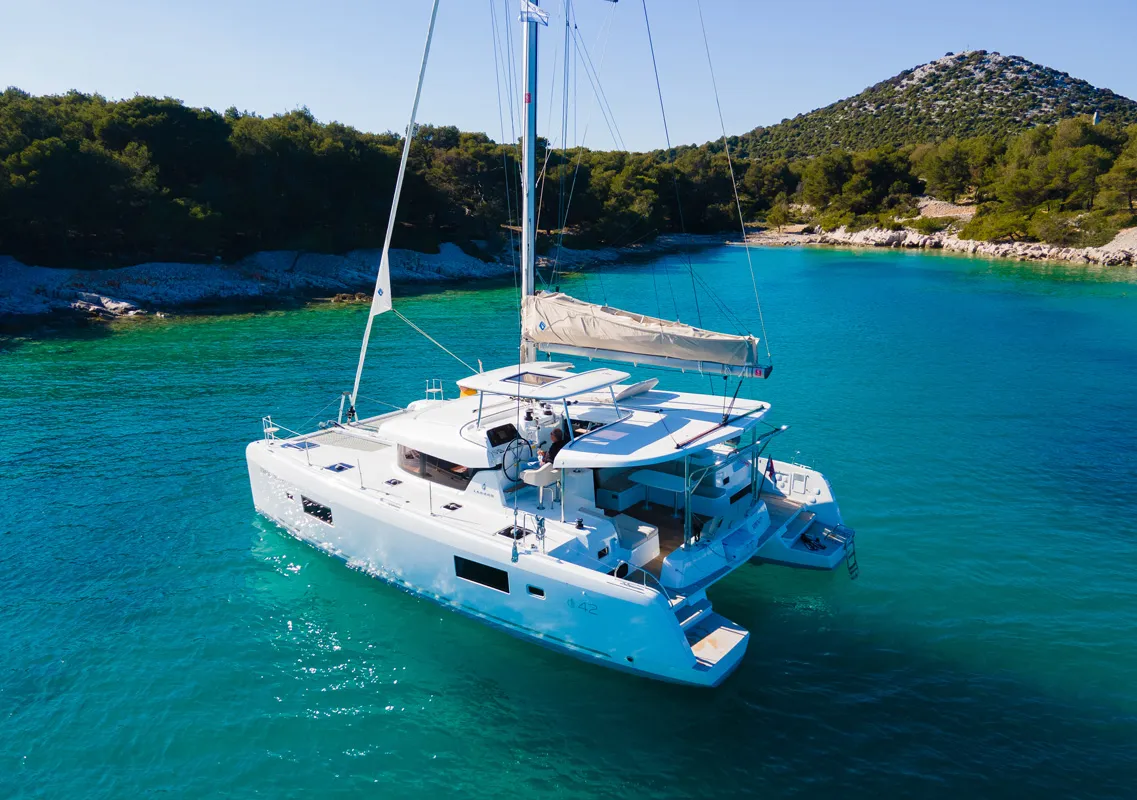 Exterior view of Serenity, a Lagoon 42 catamaran at Grad Šibenik, Croatia