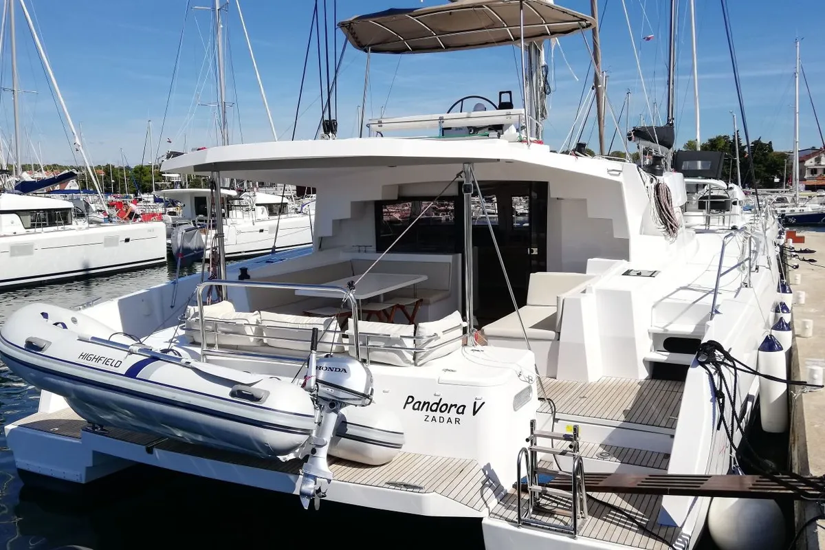 Exterior view of Pandora V, a Bali 4.5 catamaran at Općina Rogoznica, Croatia