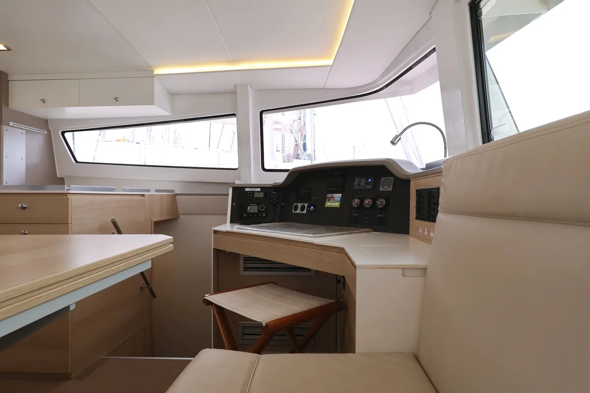 Cockpit of Pandora V, a Bali 4.5 catamaran at Općina Rogoznica, Croatia