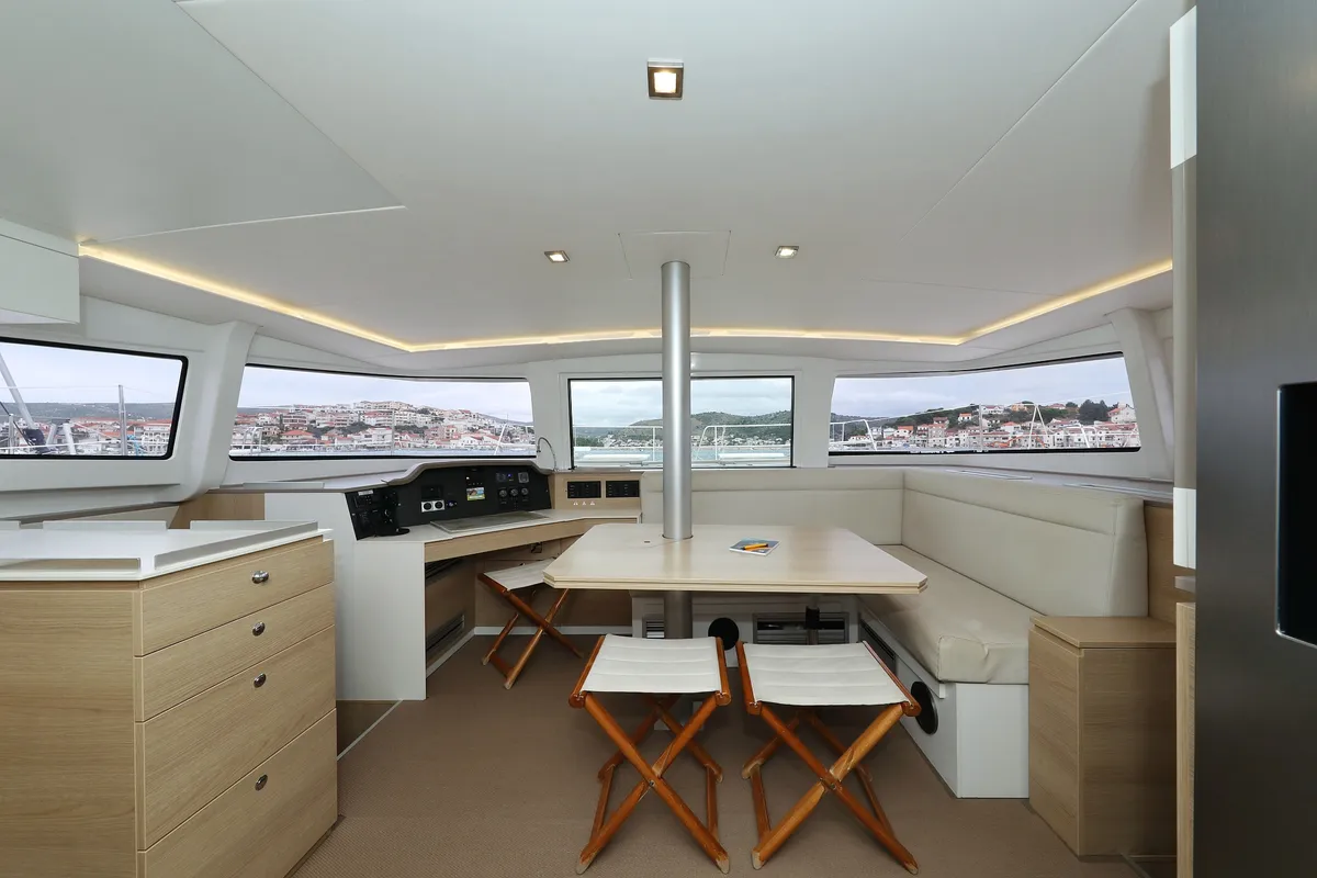 Salon of Pandora V, a Bali 4.5 catamaran at Općina Rogoznica, Croatia