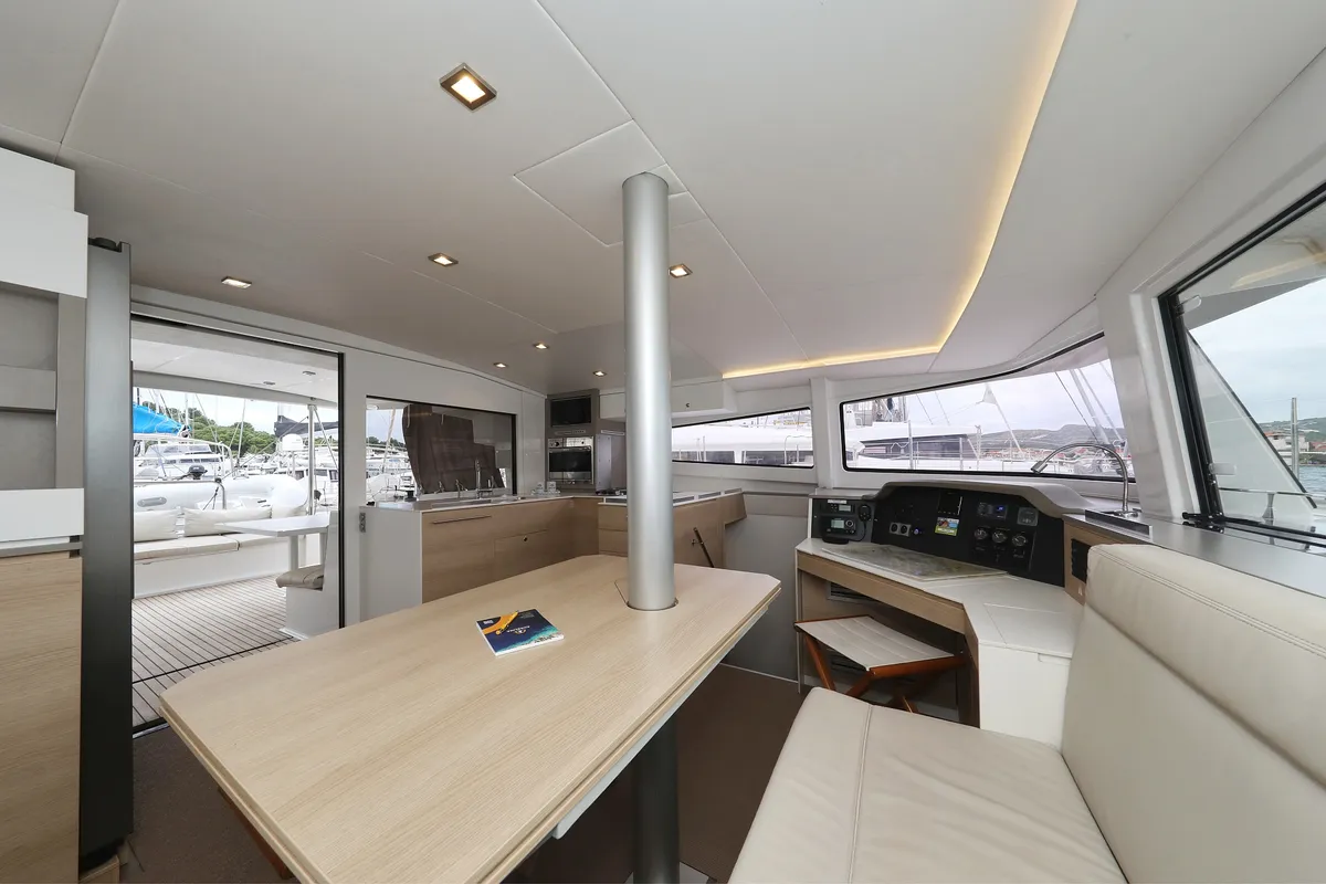 Salon of Pandora V, a Bali 4.5 catamaran at Općina Rogoznica, Croatia