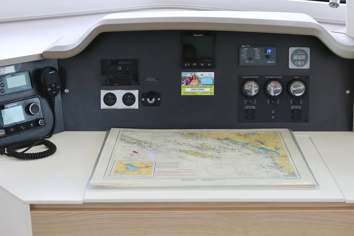 Cockpit of Pandora V, a Bali 4.5 catamaran at Općina Rogoznica, Croatia