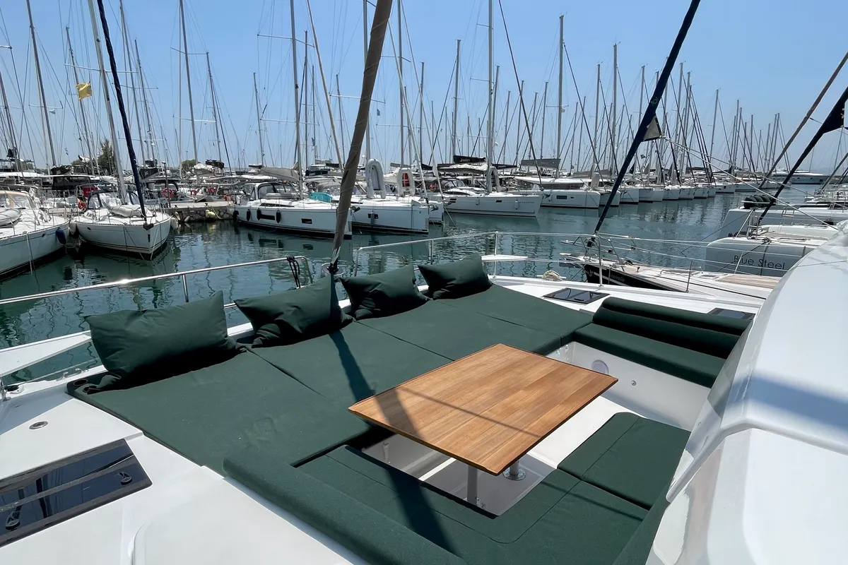 Deck of Romar II, a Bali 4.6 catamaran at Athens, Greece
