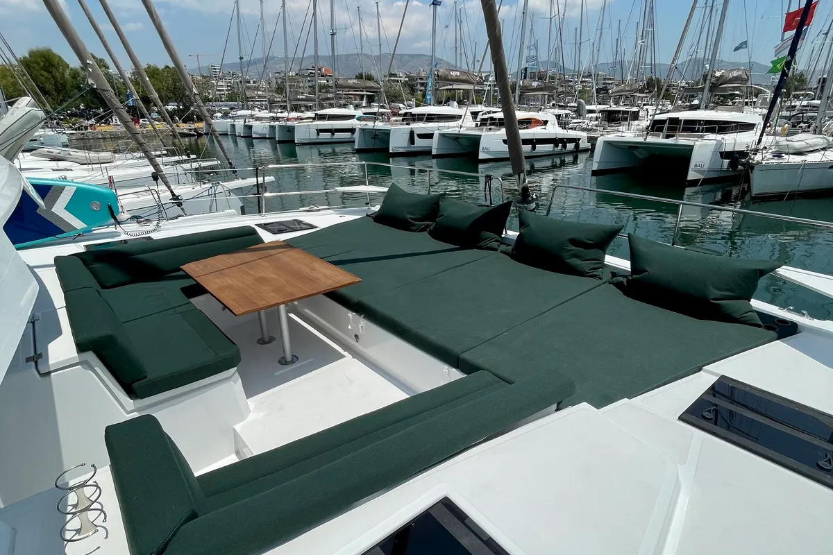 Deck of Romar II, a Bali 4.6 catamaran at Athens, Greece