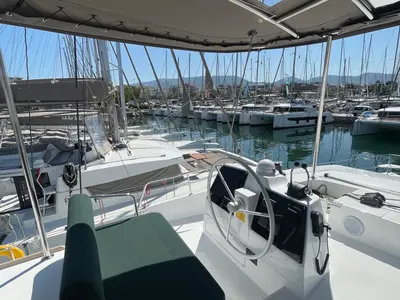 Cockpit of Romar II, a Bali 4.6 catamaran at Athens, Greece
