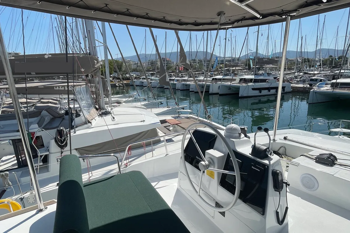 Cockpit of Romar II, a Bali 4.6 catamaran at Athens, Greece