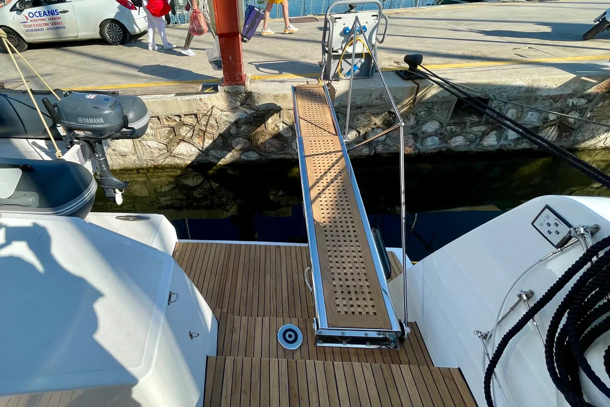 Deck of Romar II, a Bali 4.6 catamaran at Athens, Greece