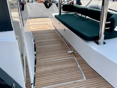 Deck of Romar II, a Bali 4.6 catamaran at Athens, Greece