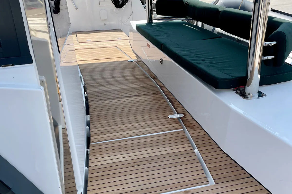 Deck of Romar II, a Bali 4.6 catamaran at Athens, Greece