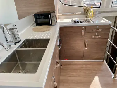 Galley of Romar II, a Bali 4.6 catamaran at Athens, Greece