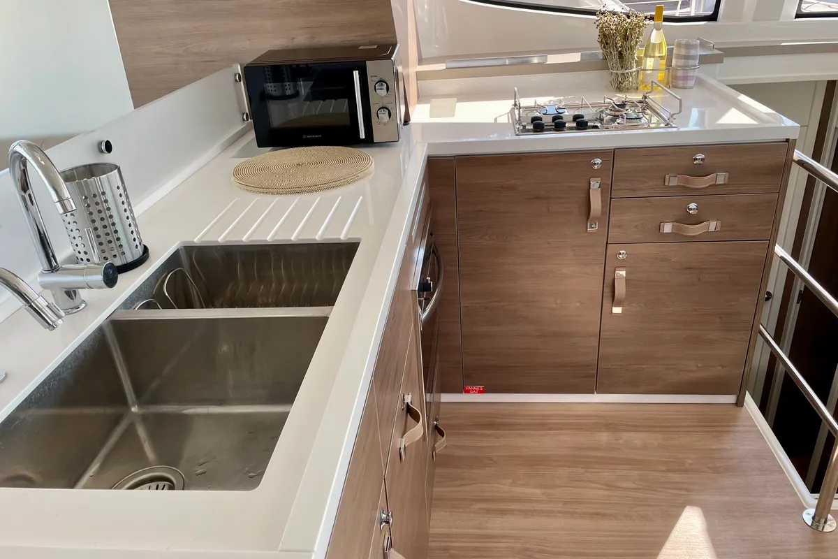 Galley of Romar II, a Bali 4.6 catamaran at Athens, Greece