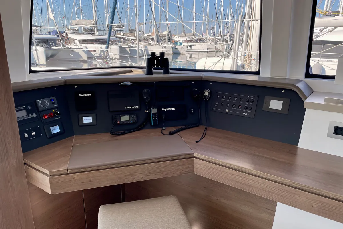 Cockpit of Romar II, a Bali 4.6 catamaran at Athens, Greece