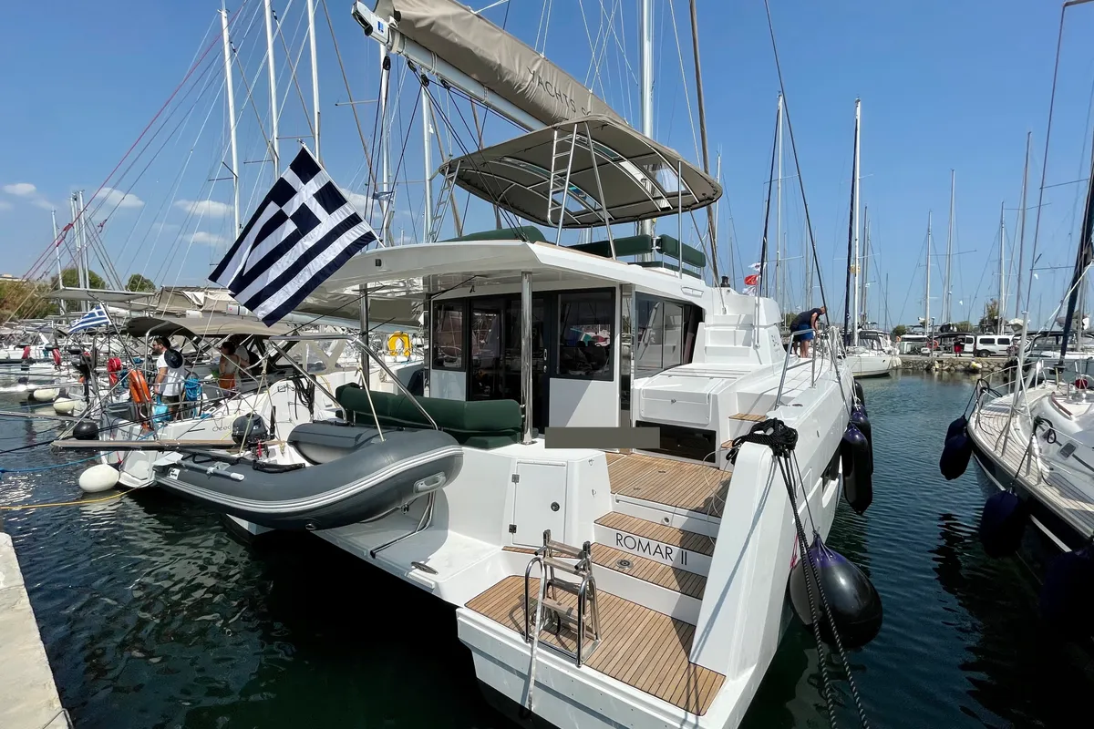 Exterior view of Romar II, a Bali 4.6 catamaran at Athens, Greece