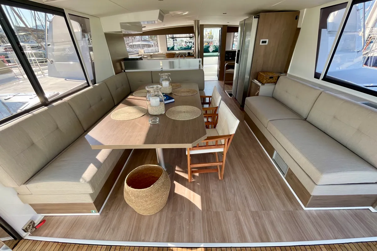 Salon of Romar II, a Bali 4.6 catamaran at Athens, Greece