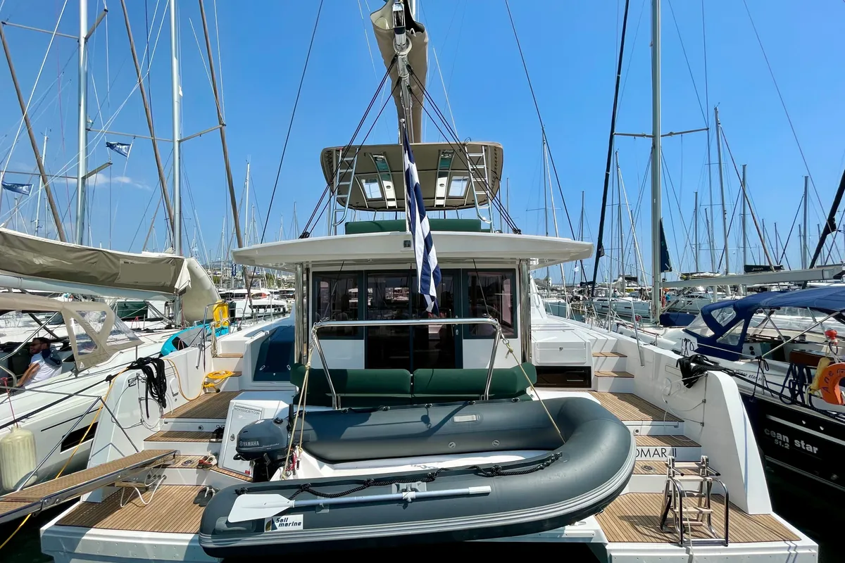 Exterior view of Romar II, a Bali 4.6 catamaran at Athens, Greece
