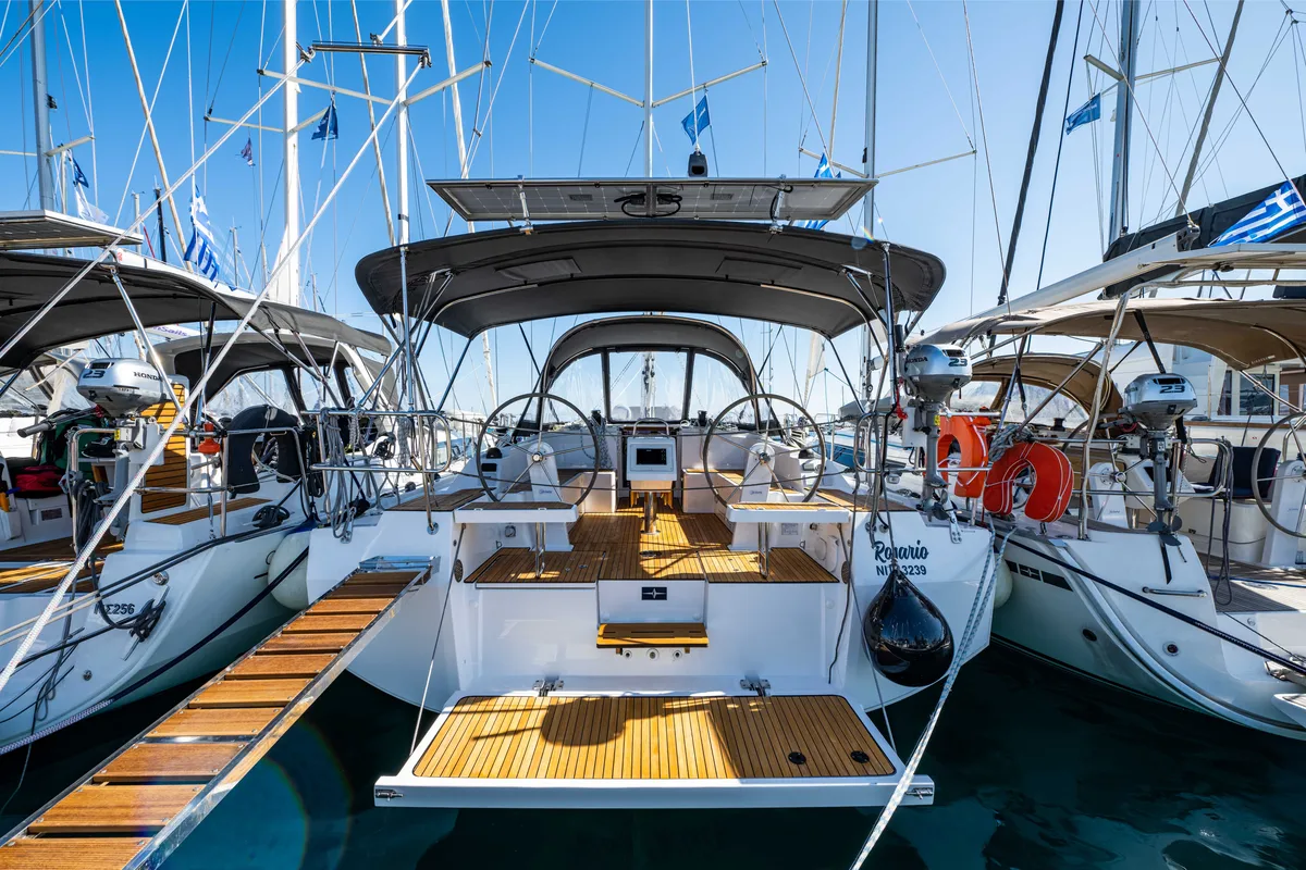 Exterior view of Rosario, a Bavaria C42 sailboat at Municipal Unit of Lefkada, Greece