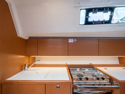Galley of Rosario, a Bavaria C42 sailboat at Municipal Unit of Lefkada, Greece