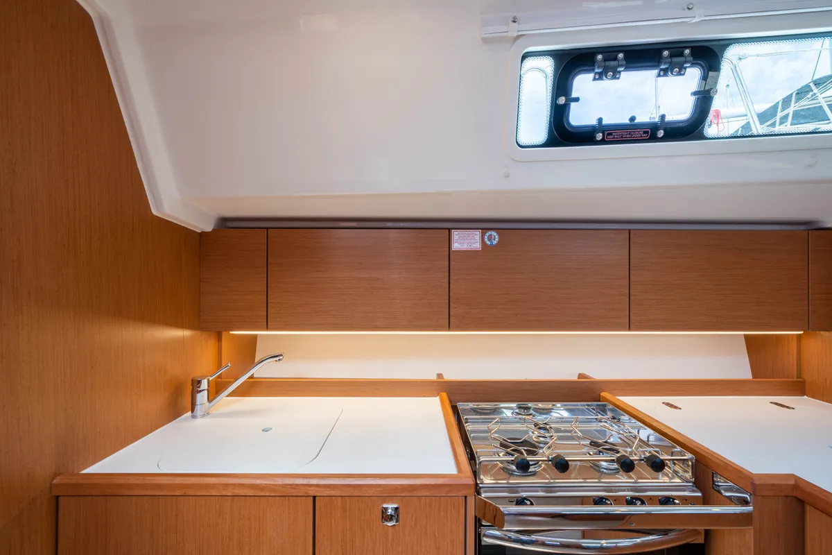 Galley of Rosario, a Bavaria C42 sailboat at Municipal Unit of Lefkada, Greece
