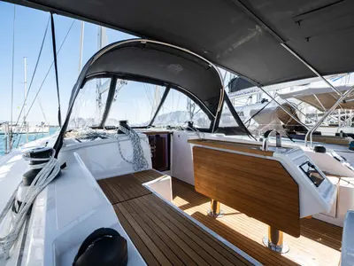 Cockpit of Rosario, a Bavaria C42 sailboat at Municipal Unit of Lefkada, Greece