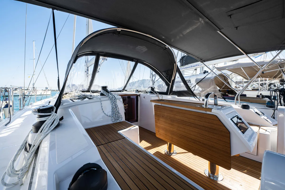 Cockpit of Rosario, a Bavaria C42 sailboat at Municipal Unit of Lefkada, Greece