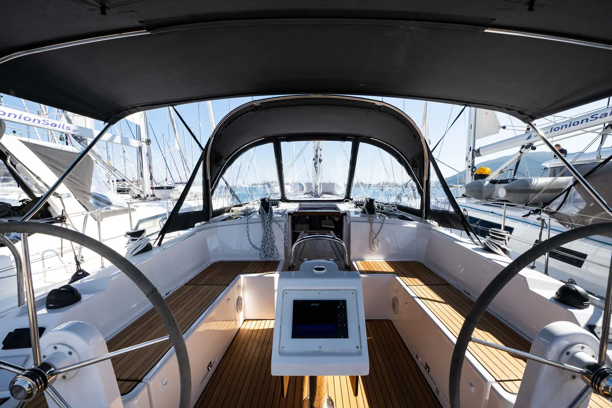 Cockpit of Rosario, a Bavaria C42 sailboat at Municipal Unit of Lefkada, Greece
