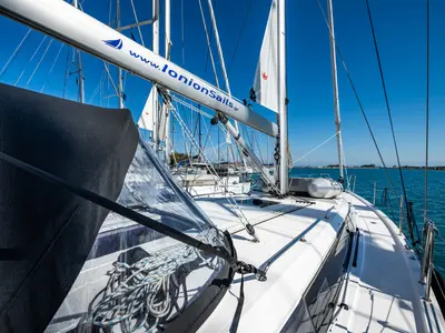 Deck of Rosario, a Bavaria C42 sailboat at Municipal Unit of Lefkada, Greece