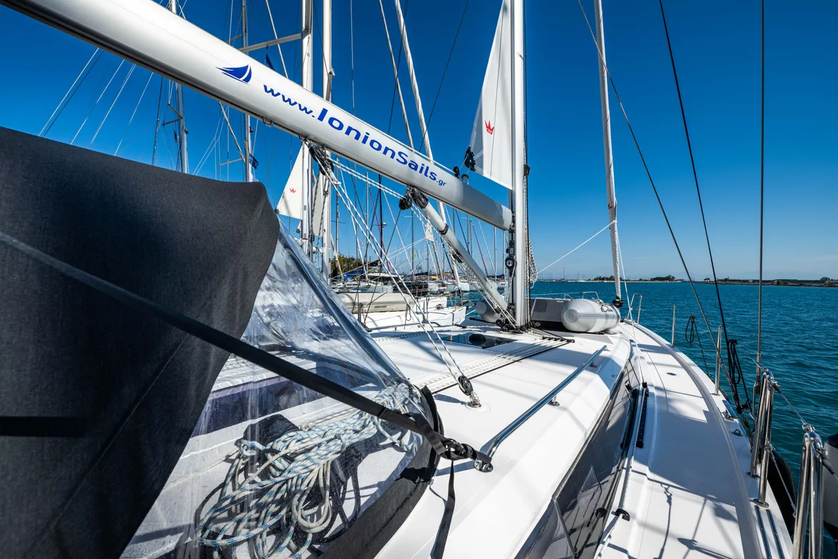 Deck of Rosario, a Bavaria C42 sailboat at Municipal Unit of Lefkada, Greece