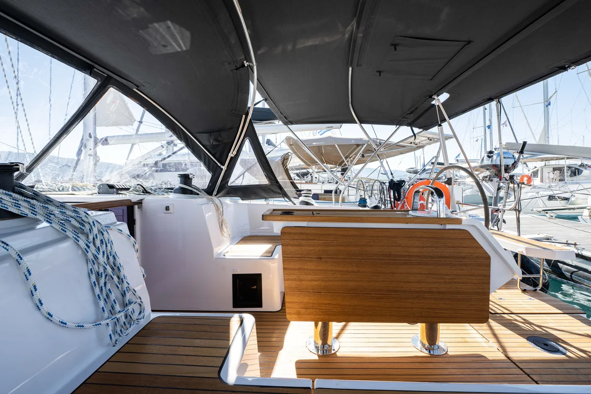 Deck of Rosario, a Bavaria C42 sailboat at Municipal Unit of Lefkada, Greece