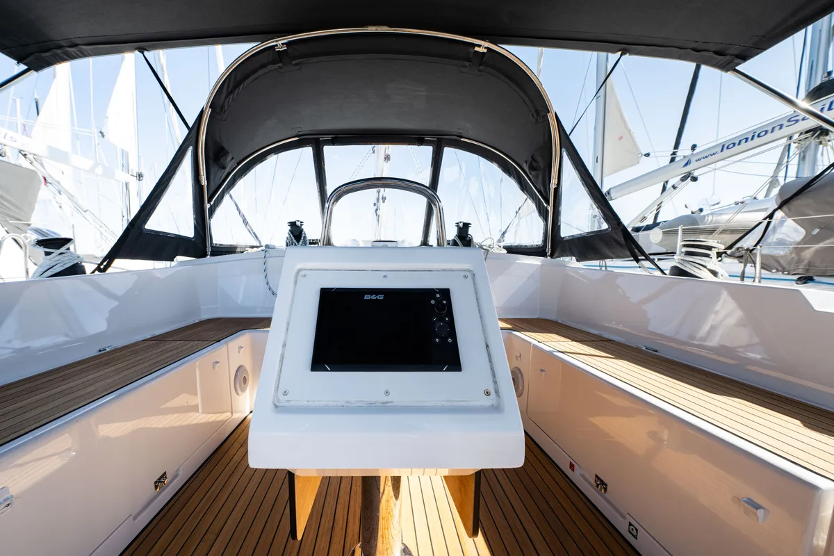 Cockpit of Rosario, a Bavaria C42 sailboat at Municipal Unit of Lefkada, Greece