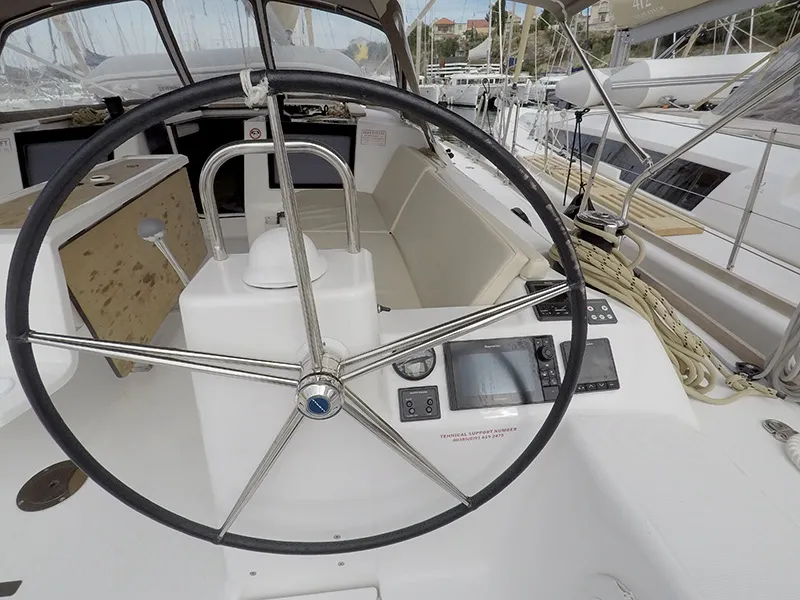 Cockpit of Almar, a Dufour 460 GL sailboat at Grad Šibenik, Croatia
