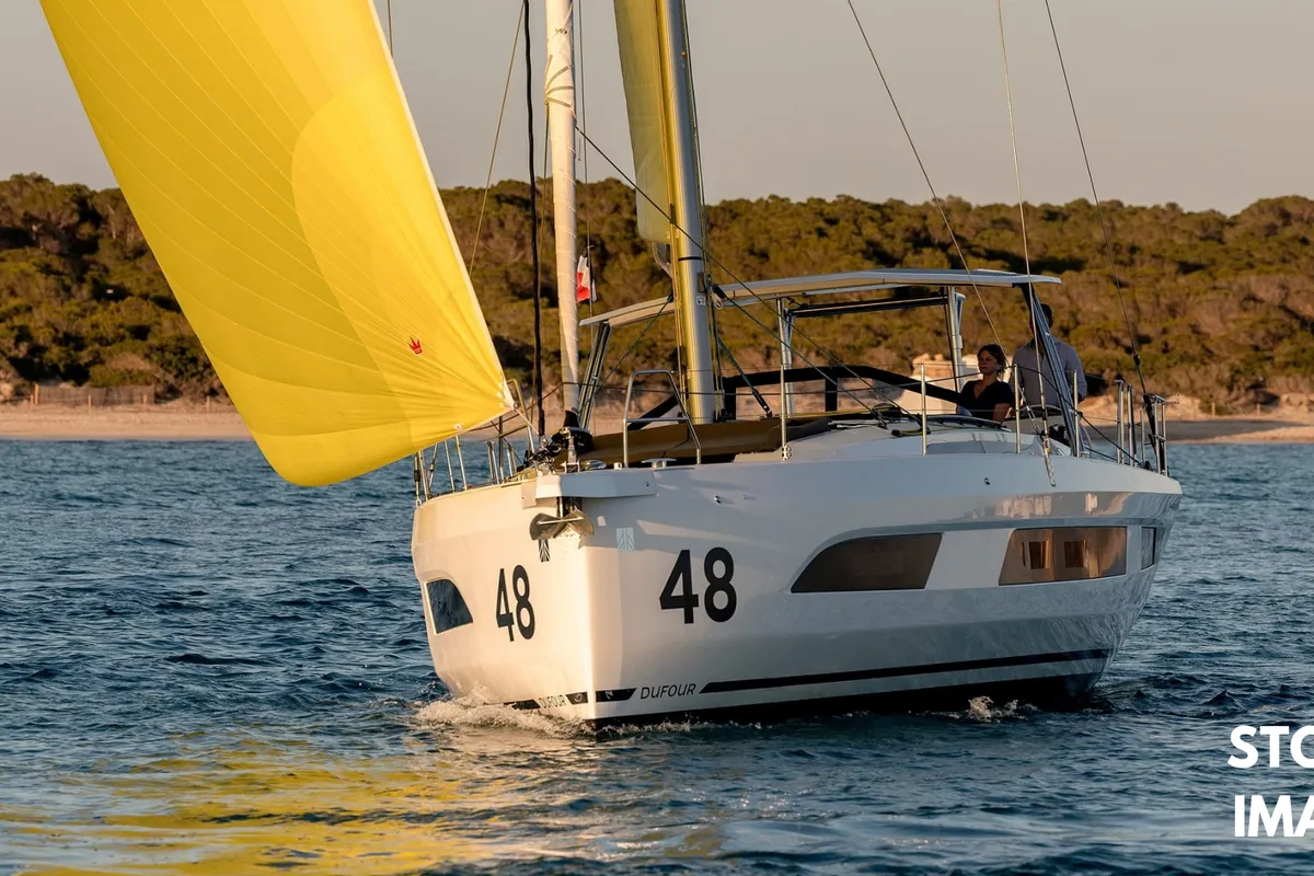 Exterior view of Rikka, a Dufour 48 sailboat at Piombino, Italy