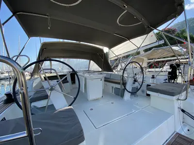 Cockpit of Melissa, a Beneteau Oceanis 46.1 sailboat at Fethiye, Turkey