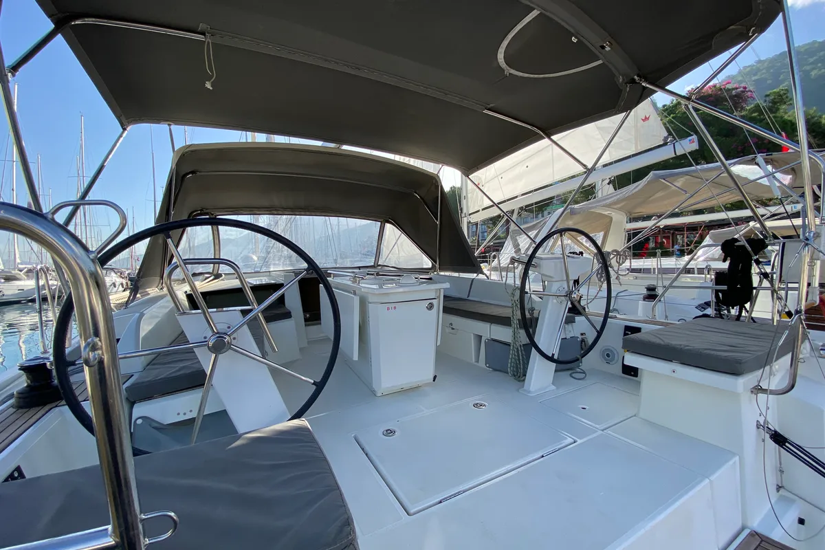 Cockpit of Melissa, a Beneteau Oceanis 46.1 sailboat at Fethiye, Turkey