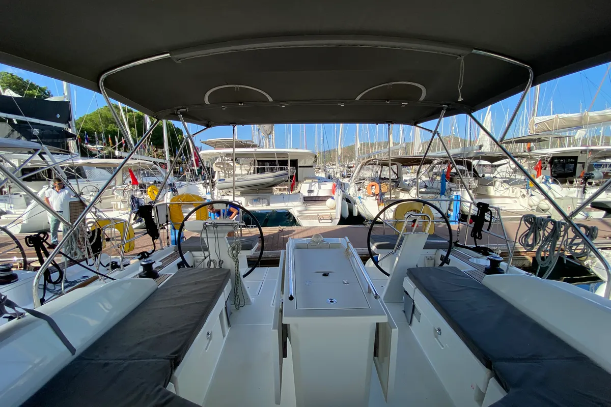 Cockpit of Melissa, a Beneteau Oceanis 46.1 sailboat at Fethiye, Turkey