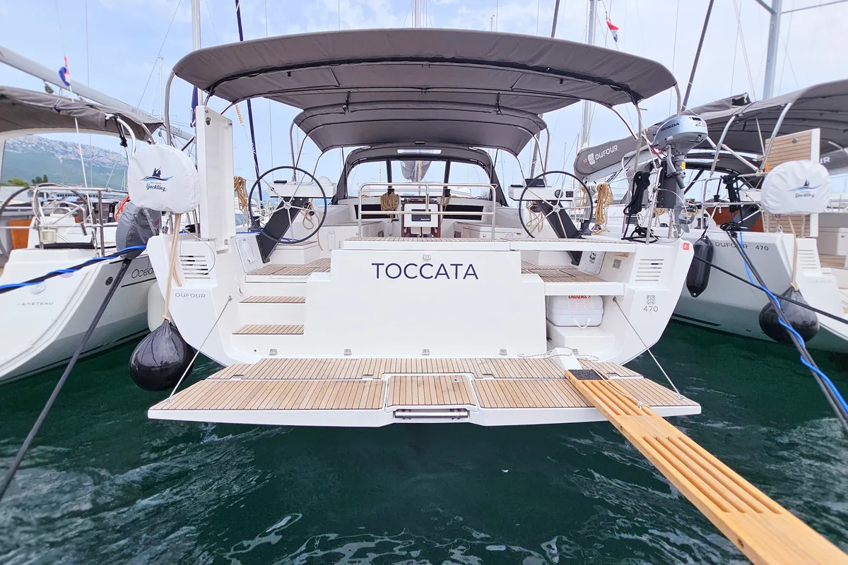 Exterior view of Toccata, a Dufour 470 sailboat at Rogoznica, Croatia