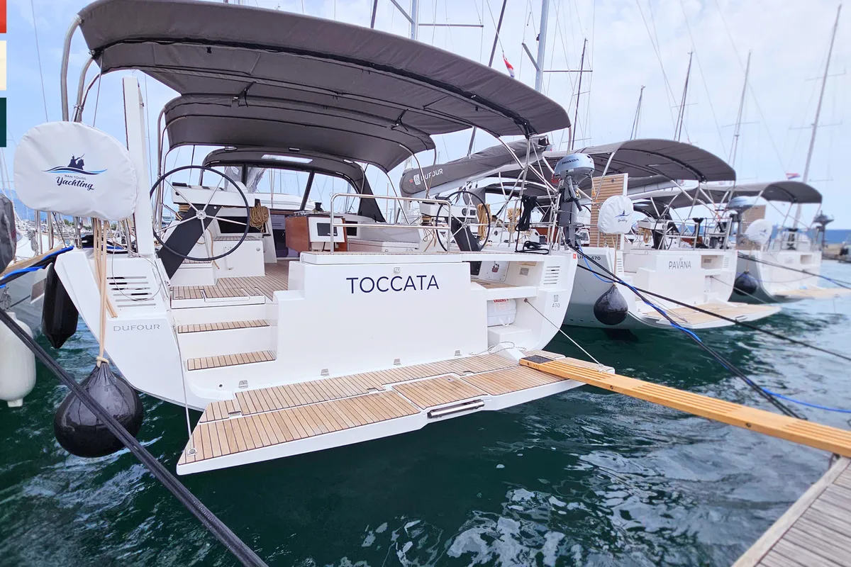 Exterior view of Toccata, a Dufour 470 sailboat at Rogoznica, Croatia